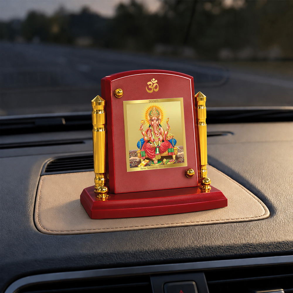 24K Gold-Plated Lord Ganesha MDF Car Dashboard Frame | 7.5x9 CM
