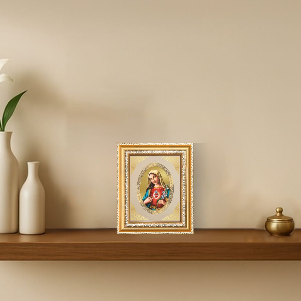 Mother Mary Divine Compassion & Grace Sacred Christian Royal Tabletop Frame in 24K Gold Plated Foil