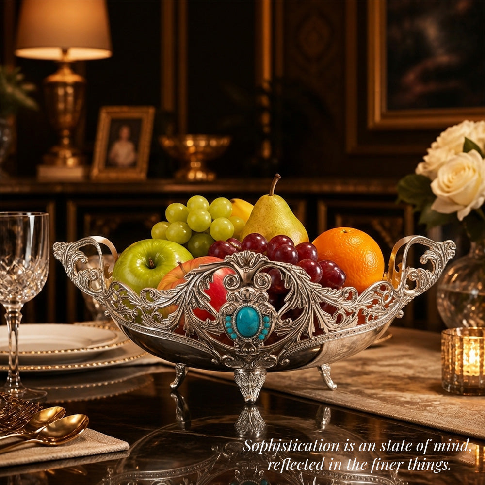 Diviniti German Silver Decorative Bowl with Turquoise Stone, elegantly displayed with fresh fruits, perfect for dining decor.