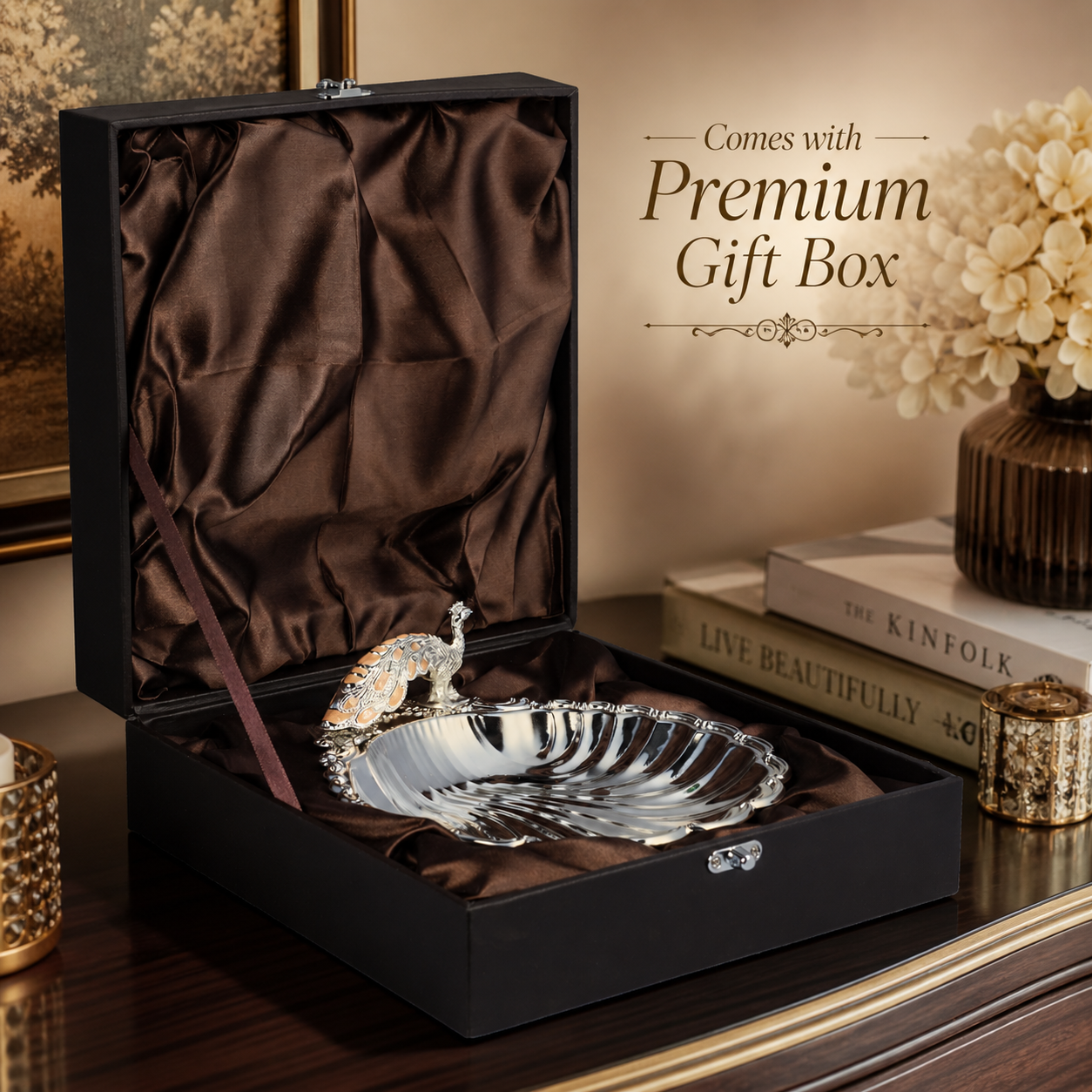 Diviniti Amber Peacock German Silver Dry Fruit Bowl displayed in a premium gift box with elegant interior.