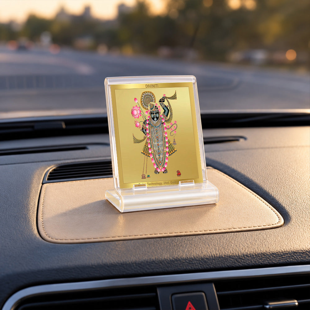 24K Gold-Plated Lord Shrinath Ji Acrylic Car Dashboard Frame | 6x5 CM