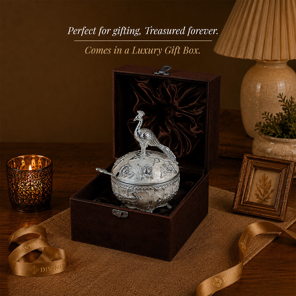 Diviniti Luxury Silver-Plated Peacock Sugar Bowl | Elegant White Lidded Serving Pot for Festive Gifting