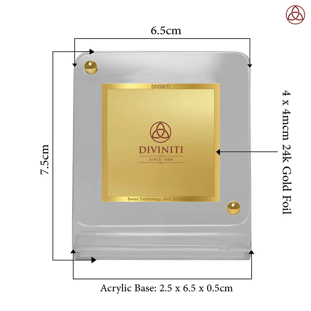 Diviniti Acrylic Personalization Car Dashboard Frame dimensions with 24K Gold Plated Foil detail and acrylic base size.