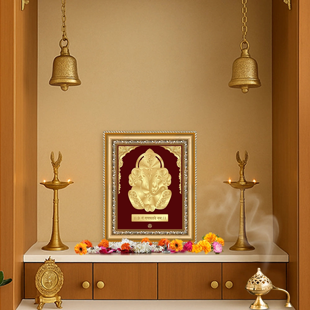 Bal Ganesha with Swastik Om | Bal Ganapati|Baby Ganapati| Gold on Gold Wall Hanging Frame in 24K Gold Plated Foil