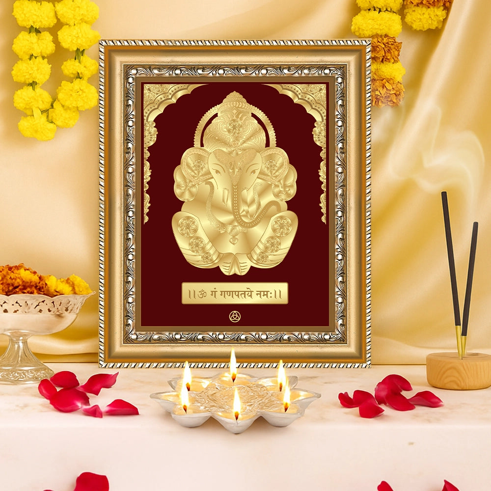 Bal Ganesha with Swastik Om | Bal Ganapati|Baby Ganapati| Gold on Gold Wall Hanging Frame in 24K Gold Plated Foil