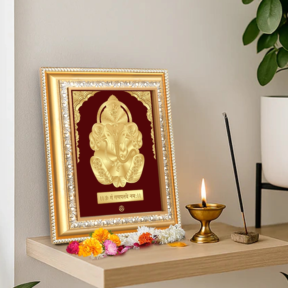 Bal Ganesha with Swastik Om | Bal Ganapati|Baby Ganapati| Gold on Gold Wall Hanging Frame in 24K Gold Plated Foil