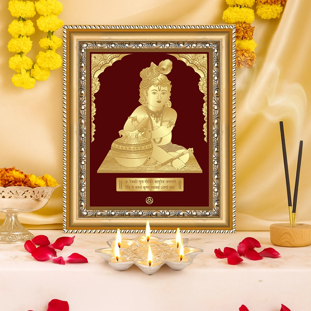 Makkan Bal Gopal |Baby Krishna | Devakinandana For Gold on Gold Wall Hanging Frame in 24K Gold Plated Foil