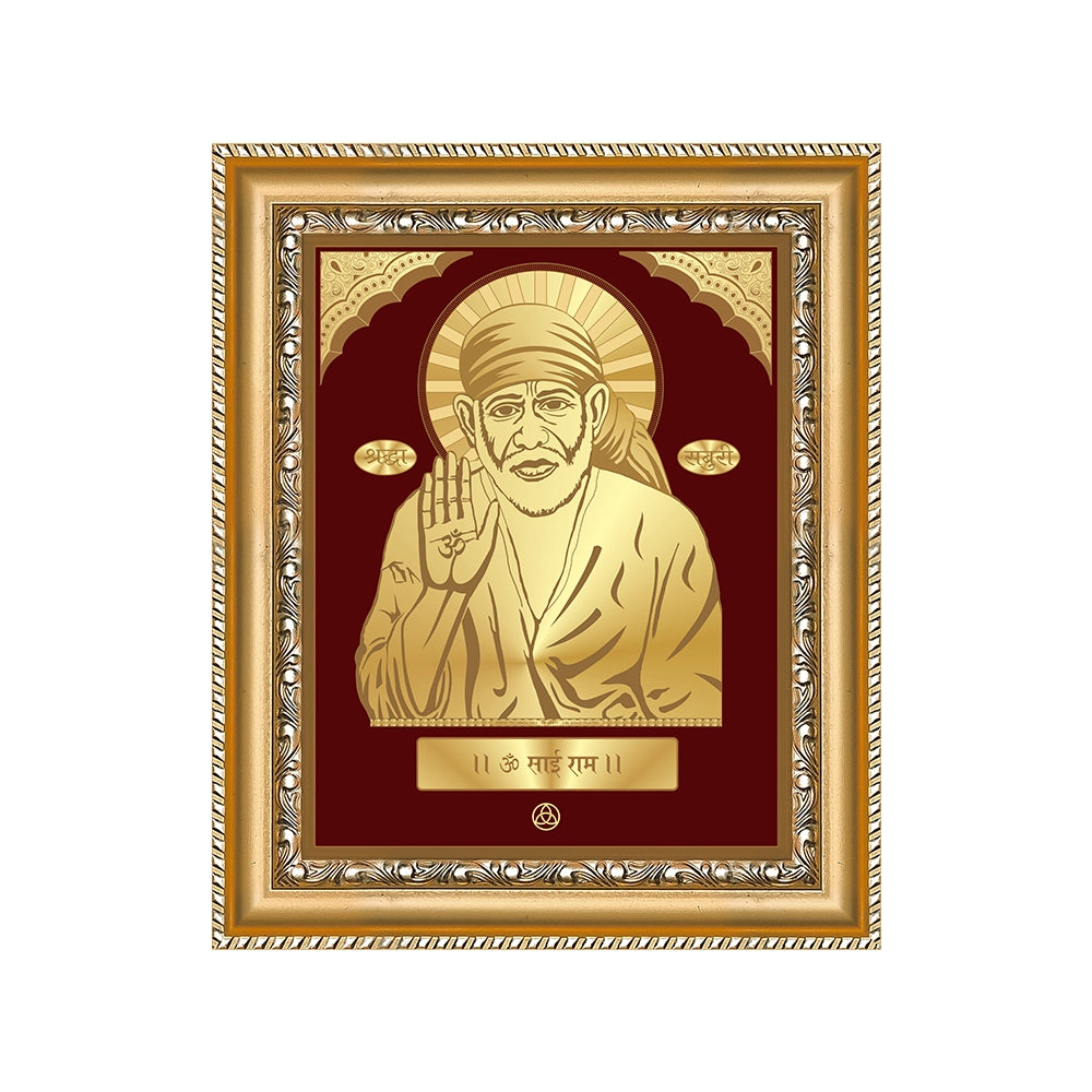 Blessing Sai Baba | Saint of Faith & Compassion Gold on Gold Wall Hanging Frame in 24K Gold Plated Foil