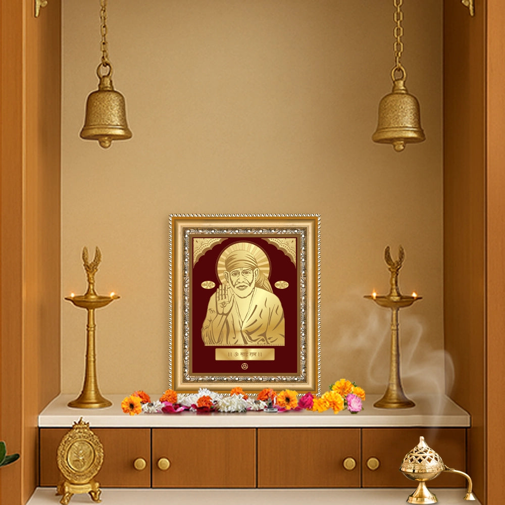 Blessing Sai Baba | Saint of Faith & Compassion Gold on Gold Wall Hanging Frame in 24K Gold Plated Foil