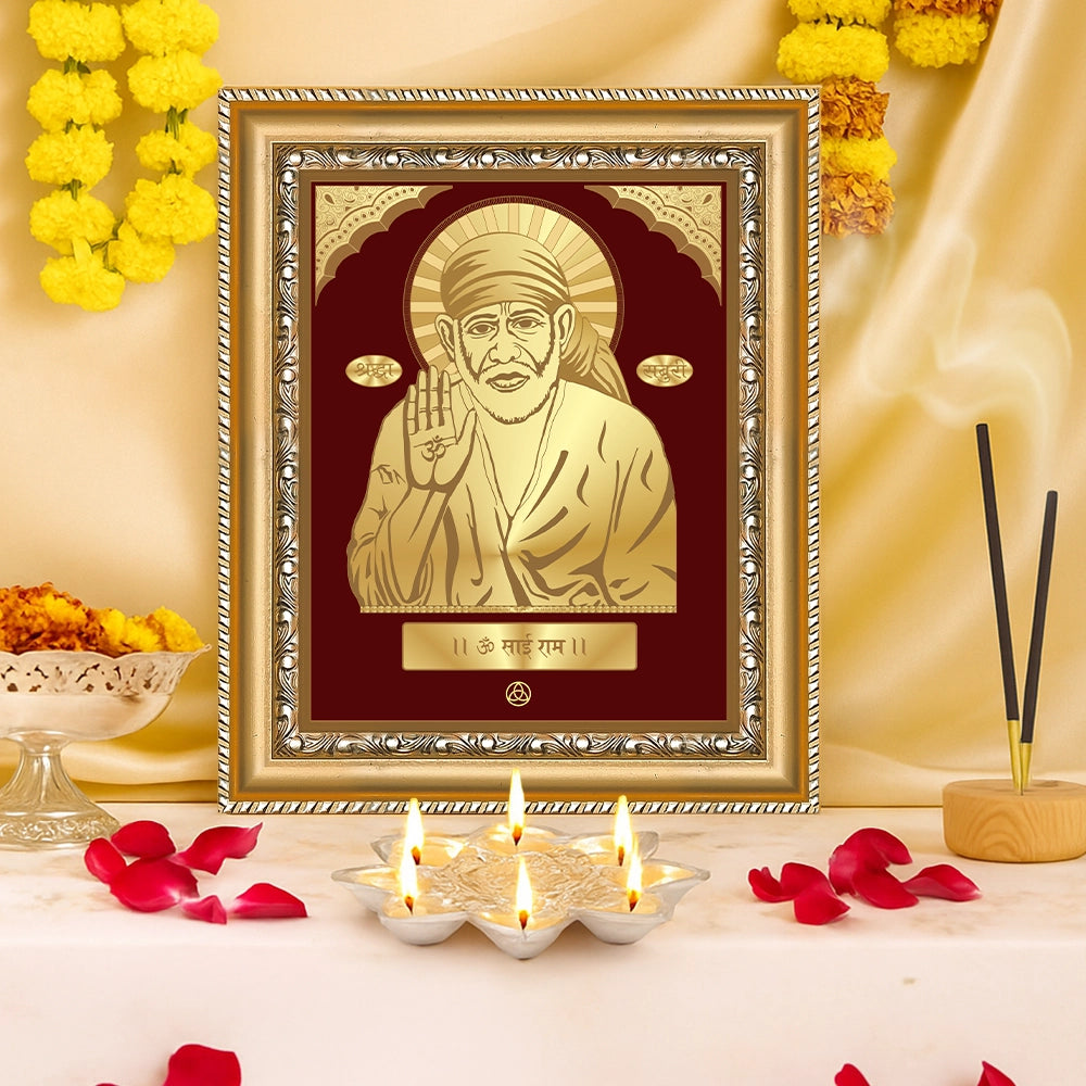 Blessing Sai Baba | Saint of Faith & Compassion Gold on Gold Wall Hanging Frame in 24K Gold Plated Foil
