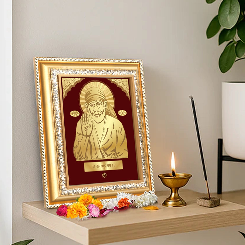 Blessing Sai Baba | Saint of Faith & Compassion Gold on Gold Wall Hanging Frame in 24K Gold Plated Foil
