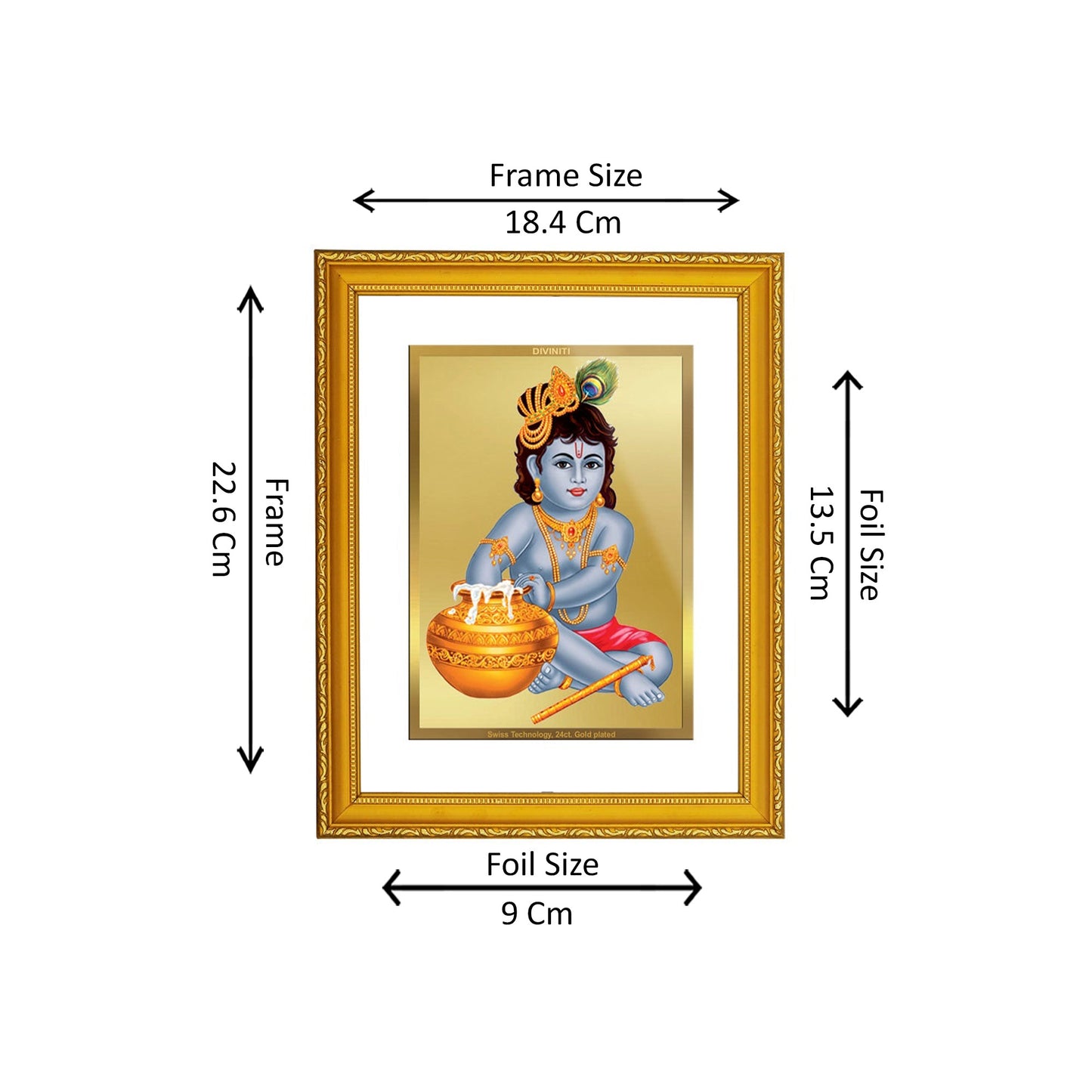 DIVINITI 24K Gold Plated Foil Bal Gopal Traditional Photo Frame Idol for Home Wall Decor, Prayer, Workshop, Luxurious Gift|DG101 Size 2 (22.6x18.4 CM)
