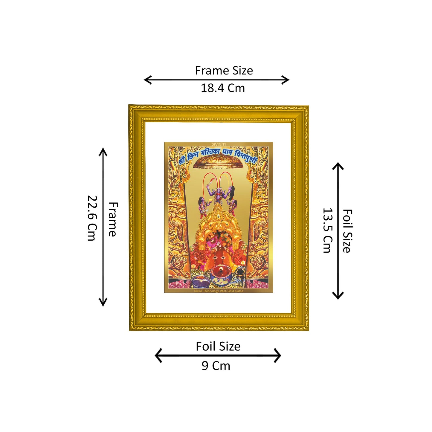 DIVINITI 24K Gold Plated Maa Chintpurni Traditional Photo Frame Idol for Home Decor, Table Top, Wall Hanging, Workshop, Premium Gift|DG101 Size 2 (22.6x18.4 CM)