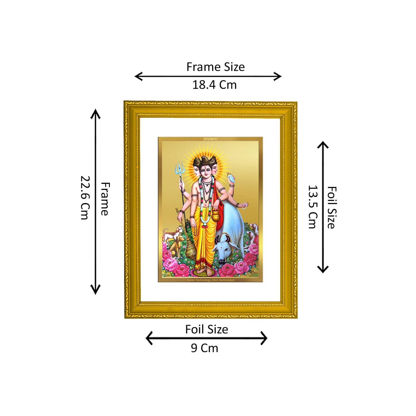 DIVINITI 24K Gold Plated Foil Dattatreya Modern Photo Frame Idol for Puja Room, Home Decor, Wall Hanging, Premium Gift|DG101 Size 2 (22.6x18.4 CM)