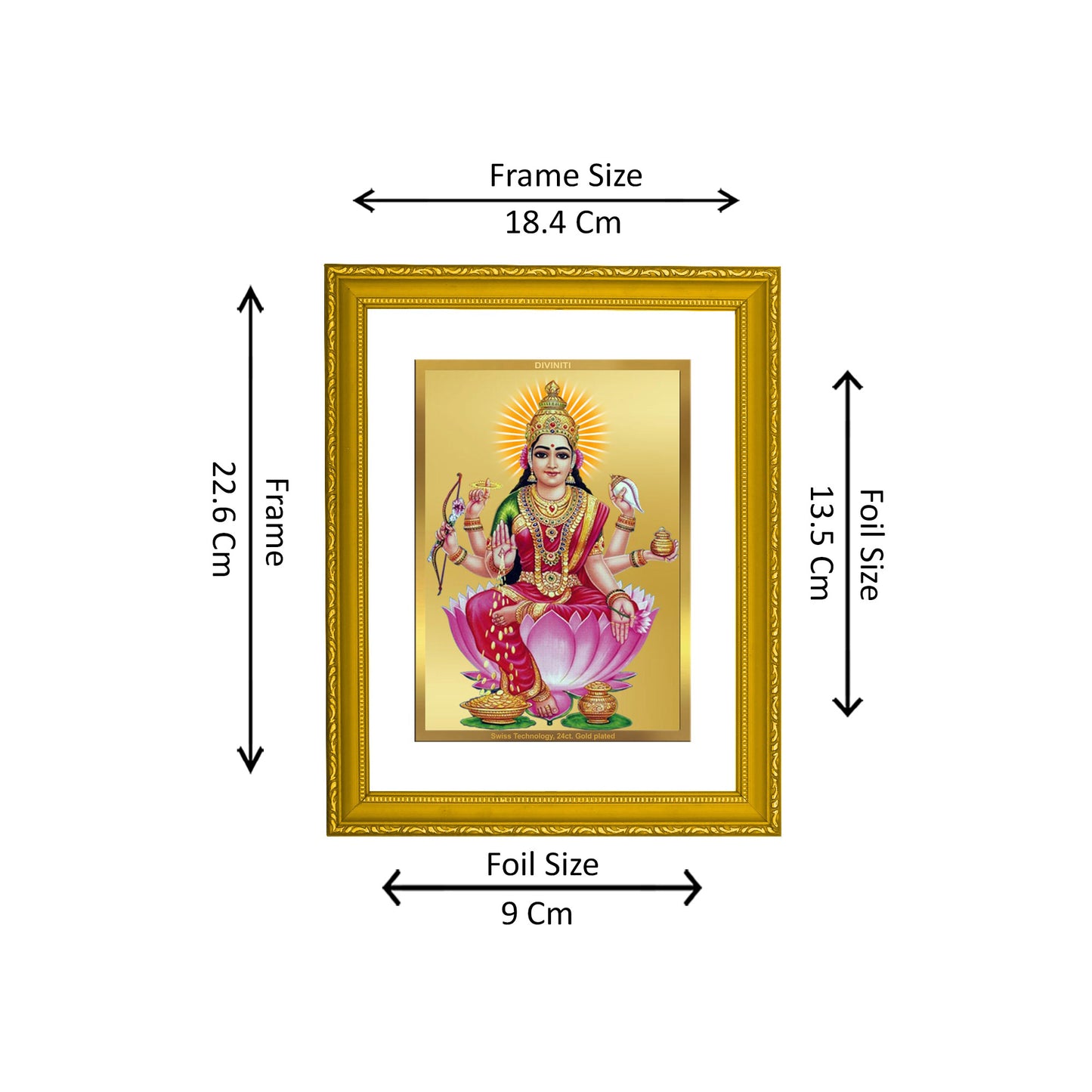 DIVINITI 24K Gold Plated Foil Goddess Dhan Lakshmi Luxurious Photo Frame Idol for Puja Room, Home Decor, Wall Hanging, Gift|DG101 Size 2 (22.6x18.4 CM)
