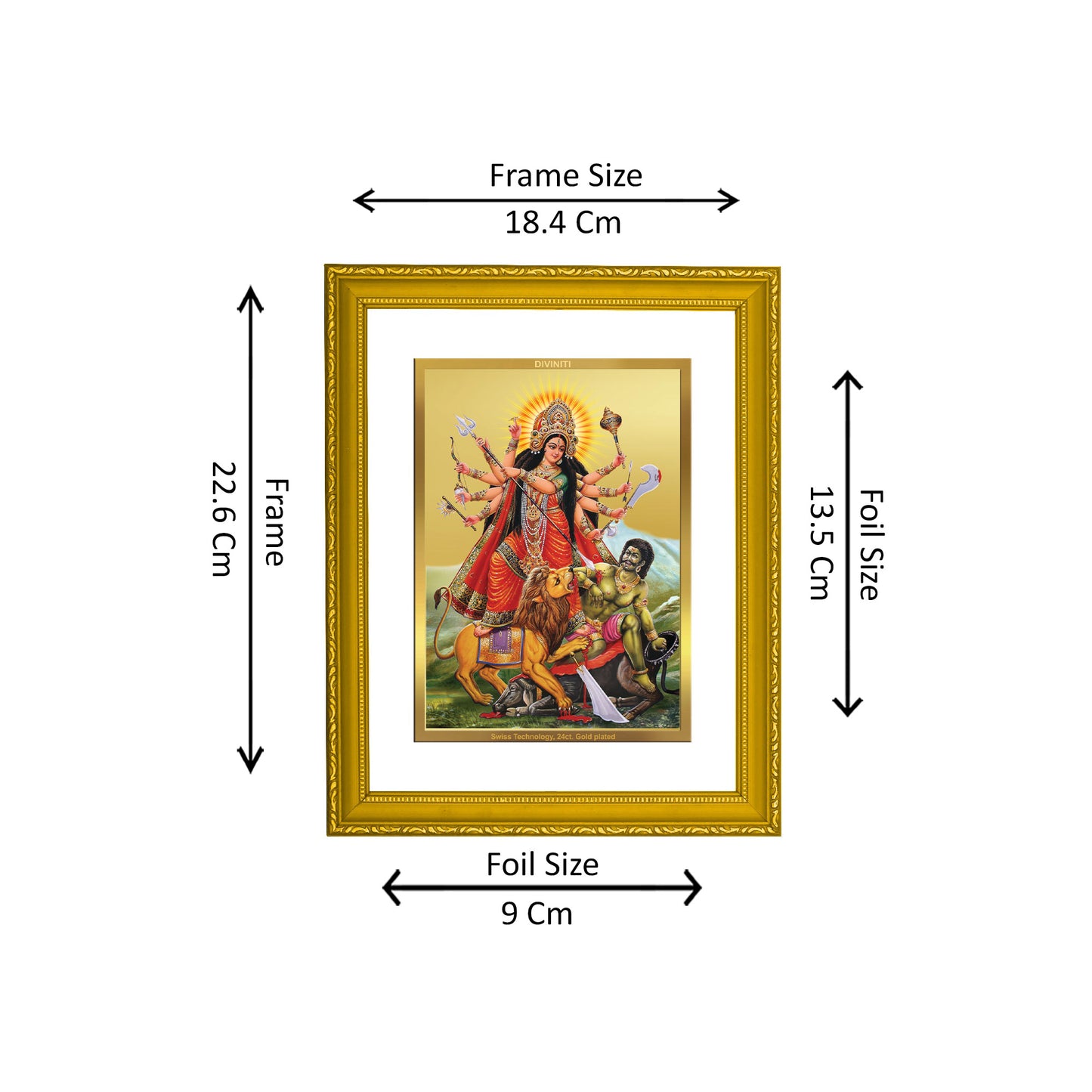 DIVINITI 24K Gold Plated Foil Goddess Durga Wall Photo Frame Idol for Home Decor, Prayer, Workshop, Premium Gift|DG101 Size 2 (22.6x18.4 CM)