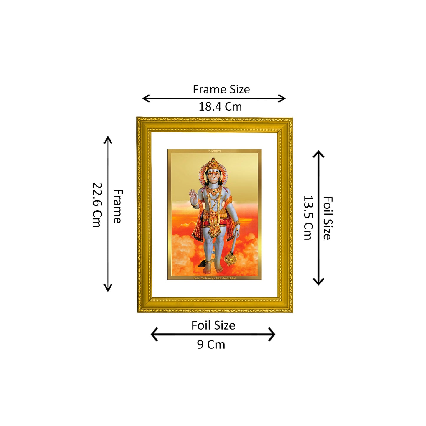 DIVINITI 24K Gold Plated Foil Lord Hanuman Traditional Photo Frame Idol for Home Decor, Workshop, Wall Hanging, Puja Room, Gift|DG101 Size 2 (22.6x18.4 CM)