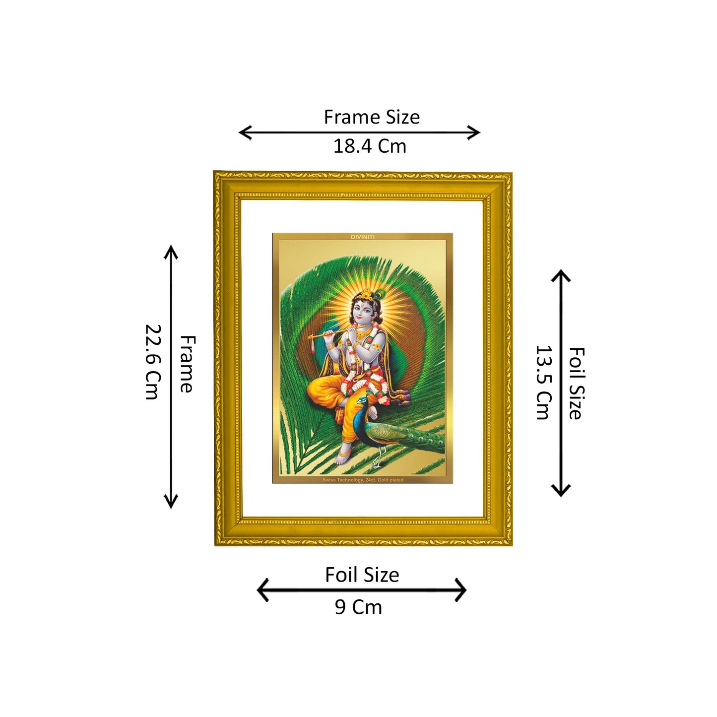 DIVINITI 24K Gold Plated Lord Krishna Photo Frame Idol for Home Decor, Puja Room, Table Top, Wall Hanging, Workshop, Gift|DG101 Size 2 (22.6x18.4 CM)