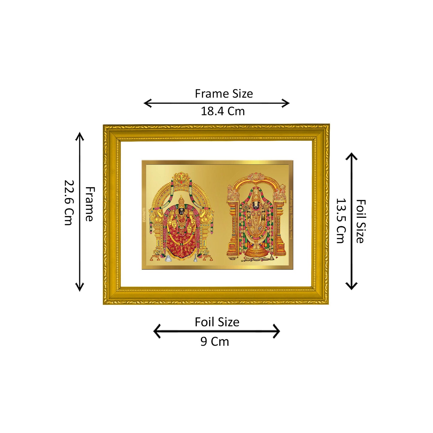 DIVINITI 24K Gold Plated Padmavathi Balaji Classic Photo Frame Idol for Home & Office Decor, Wall Hanging, Workshop, Table Top, Gift|DG101 Size 2 (22.6x18.4 CM)