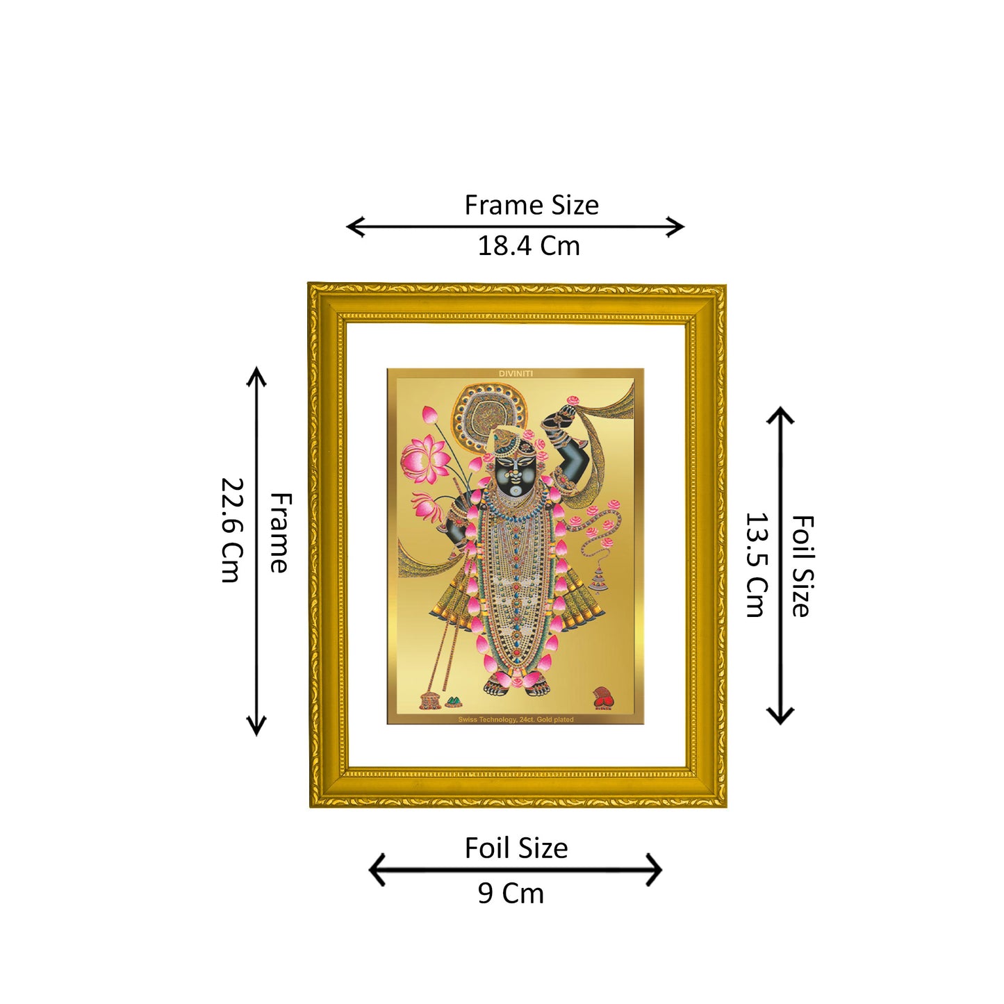 DIVINITI 24K Gold Plated Foil Lord Shrinathji Photo Frame Idol for Puja Room, Workshop, Home Decor, Gift|DG101 Size 2 (22.6x18.4 CM)