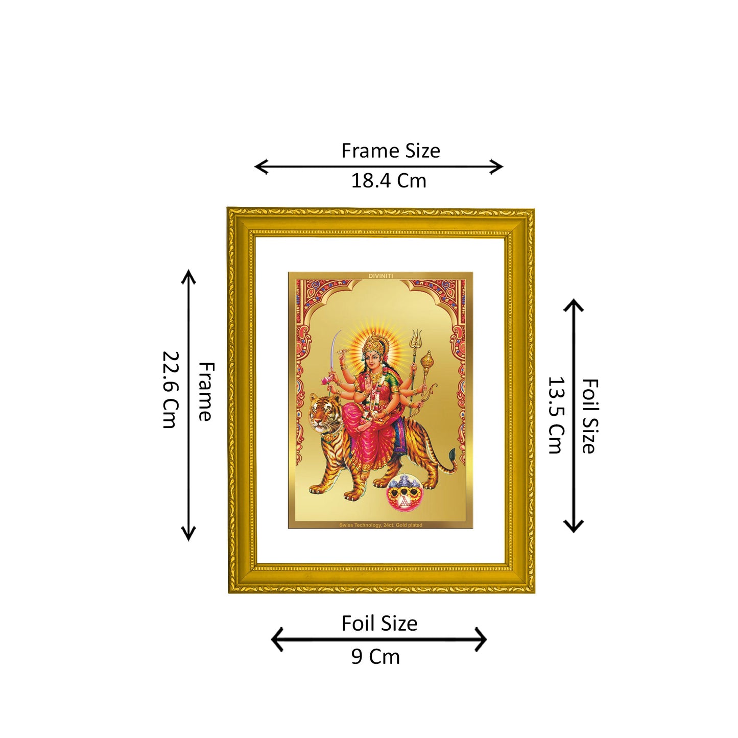 DIVINITI 24K Gold Plated Foil Siddhidatri Mata Photo Frame Idol for Home Decor, Puja Room, Workshop, Luxury Gift|DG101 Size 2 (22.6x18.4 CM)