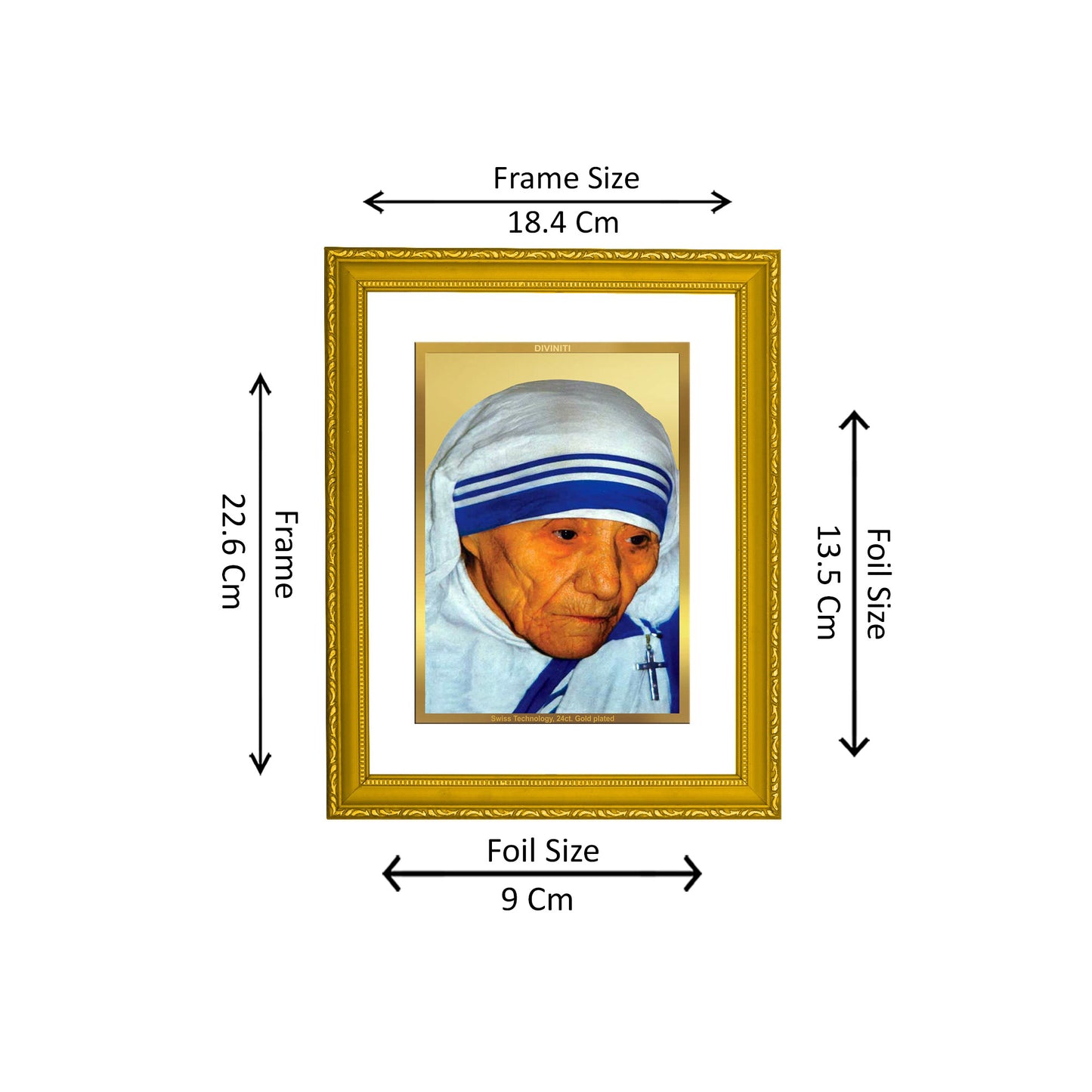 DIVINITI 24K Gold Plated Mother Teresa Exquisite Photo Frame Idol for Wall Hanging, Table Top, Home Decor, Workshop, Gift Item|DG101 Size 2 (22.6x18.4 CM)