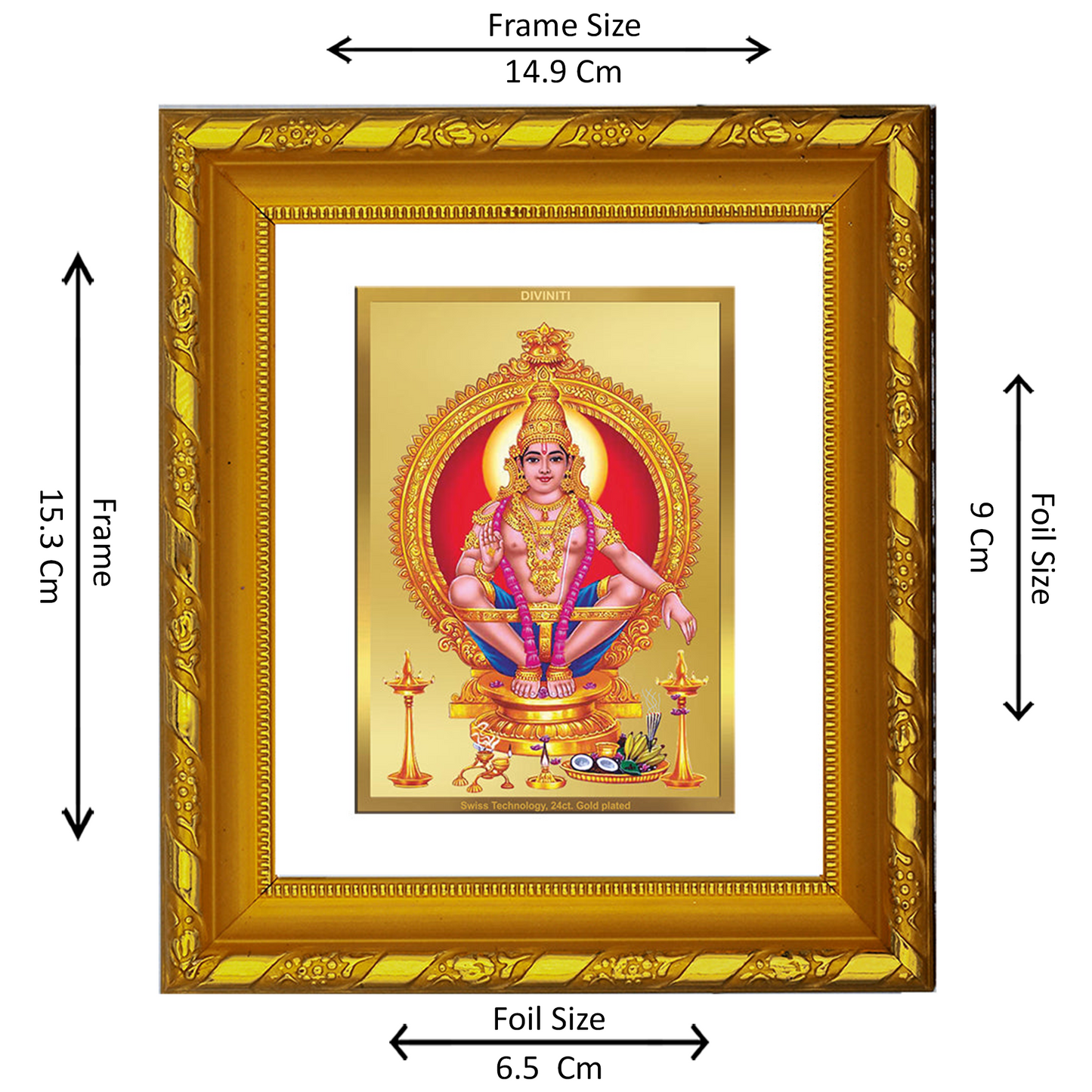 DIVINITI 24K Gold Plated Foil Ayyappan Photo Frame For Home Wall Decor, Puja Room, Gift DG 103 S1 (15.3x14.9 CM)