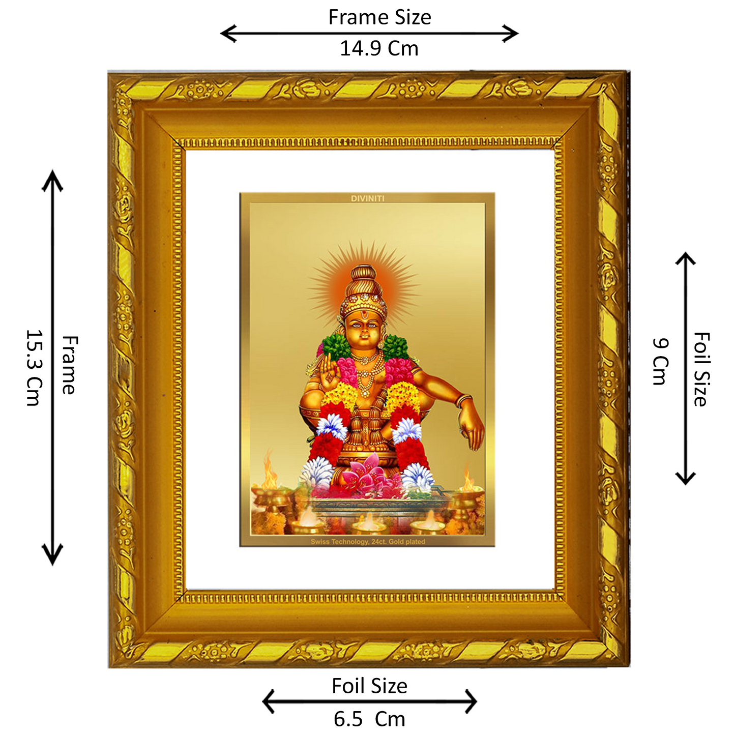 DIVINITI 24K Gold Plated Foil Ayyappan Religious Photo Frame for Home Decor, Festival Gift DG 103 Size 1 (15.3x14.9 CM)