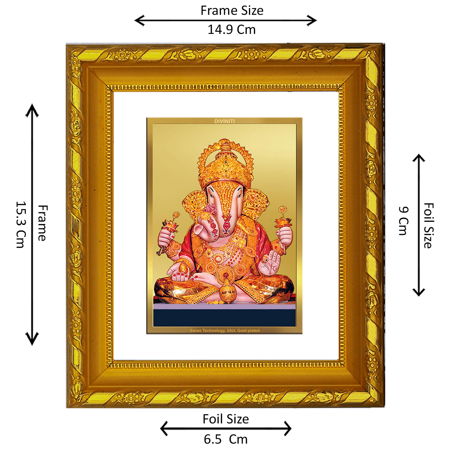 DIVINITI 24K Gold Plated Foil Dagdu Ganesha Photo Frame for Home Decor, Prosperity, Luck DG 103 Size 1 (15.3x14.9 CM)