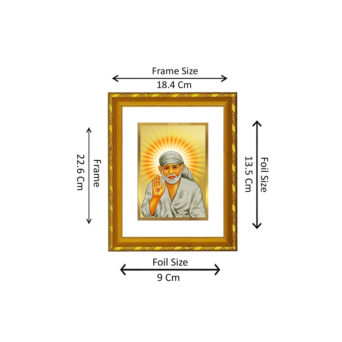 DIVINITI 24K Gold Plated Foil Sai Baba Photo Frame Idol for Puja Room, Home Wall Decor, Workshop, Table Top, Gift|DG103 Size 2 (22.6x18.4 CM)