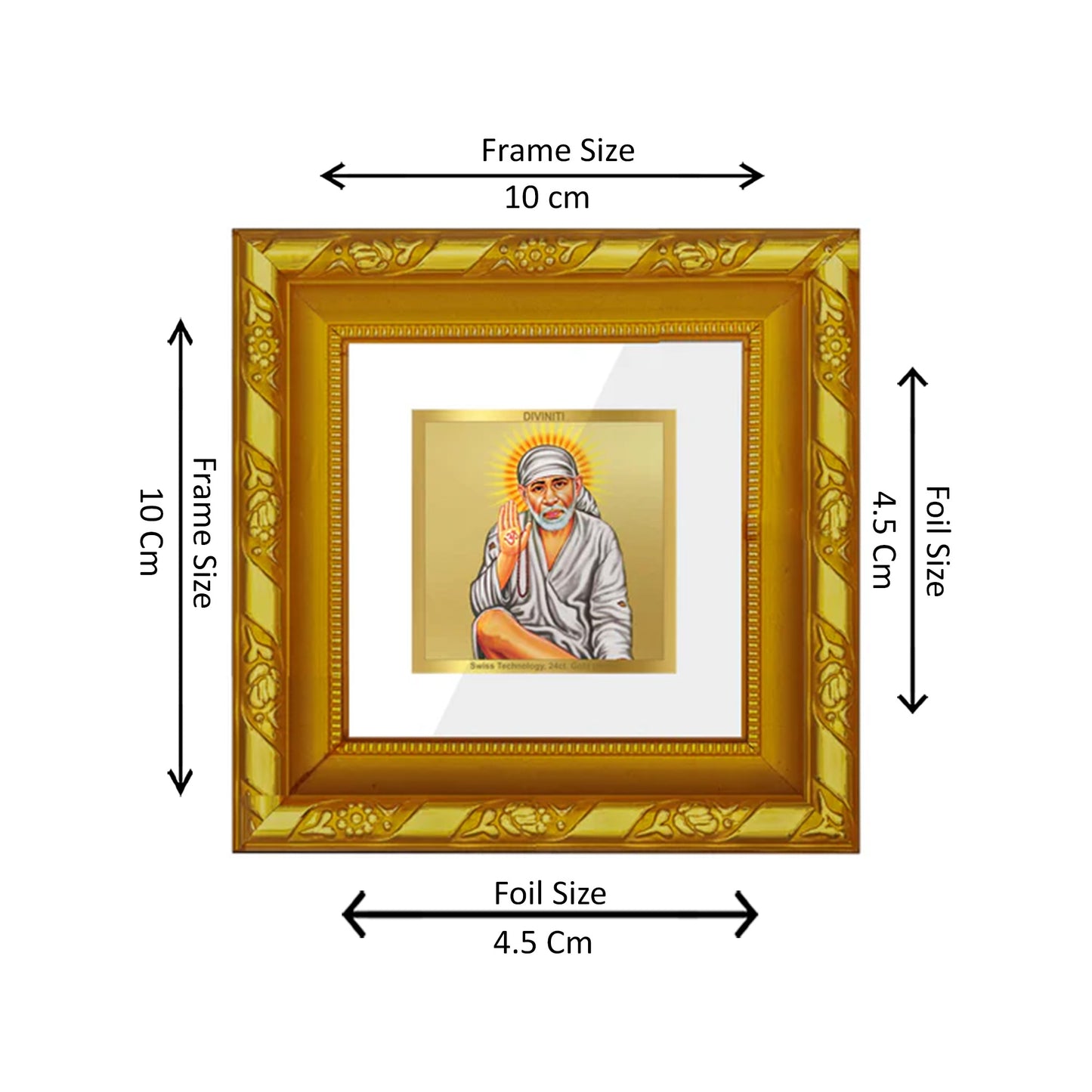 DIVINITI 24K Gold Plated Sai Baba Classic Wall Photo Frame Idol for Home Decor, Puja Room, Table Top, Workshop, Gifts | DG103S1A (10x10 CM)