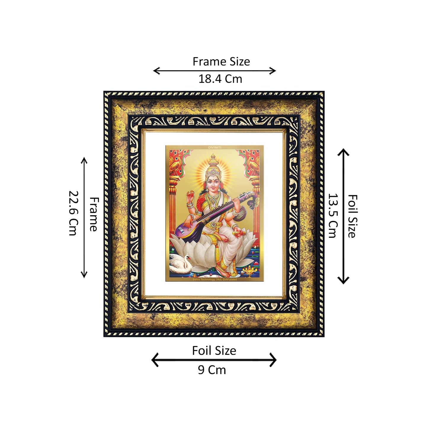 DIVINITI 24K Gold Plated Goddess Saraswati Photo Frame Idol for Home Decor, Puja Room, Table Top, Wall Hanging, Workshop, Luxurious Gift|DG113 Size 2 (22.6x18.4 CM)