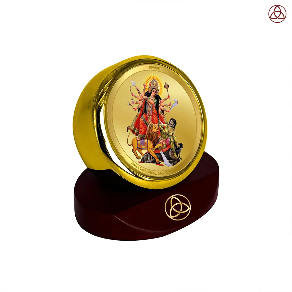 Durga Mahishasura Mardini | Goddess Durga Slaying Mahishasura Car Dashboard Frame in 24K Gold Plated Foil