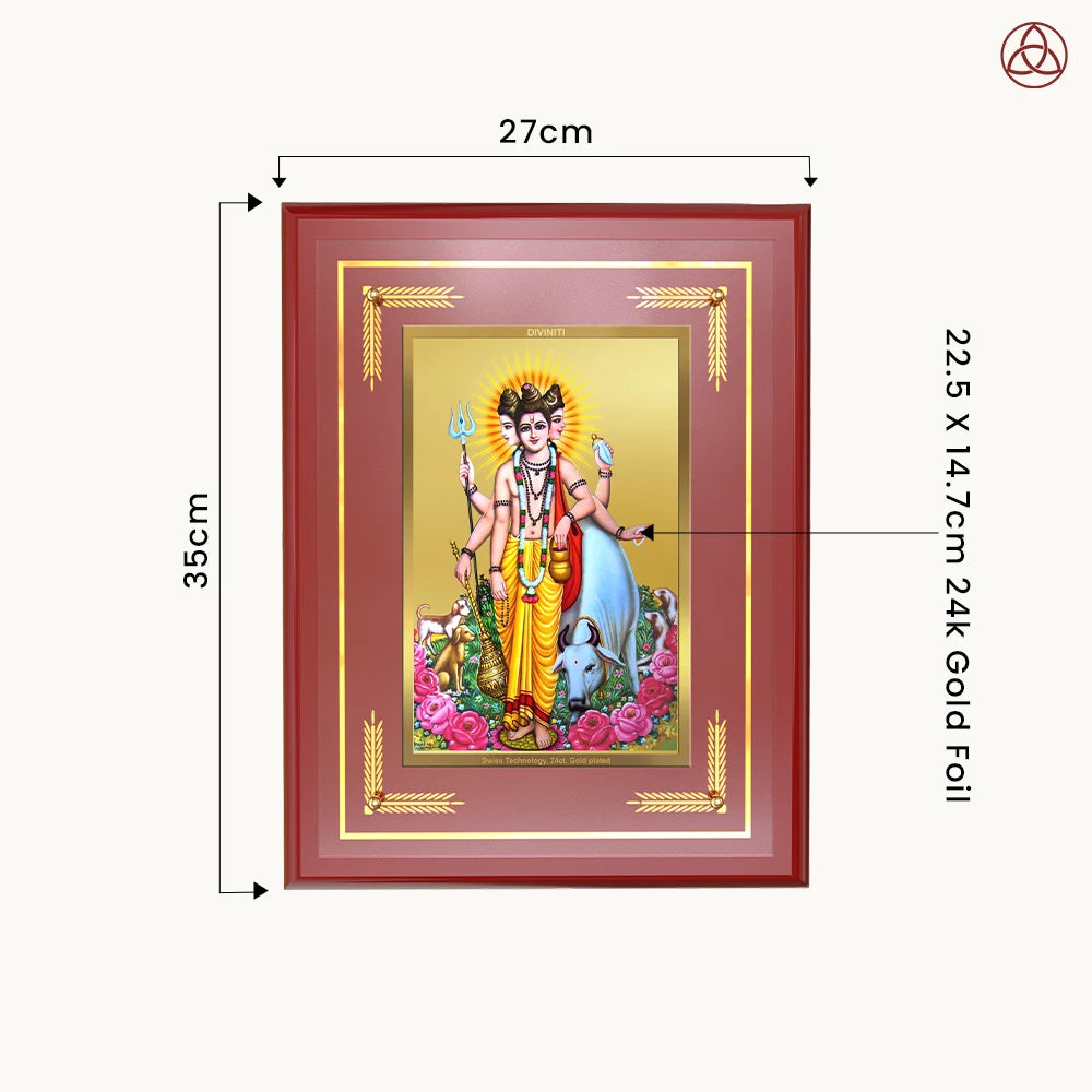 Dattatreya with Kamadhenu | Shri Dattatreya Wall Photo Frame in 24K Gold Plated Foil