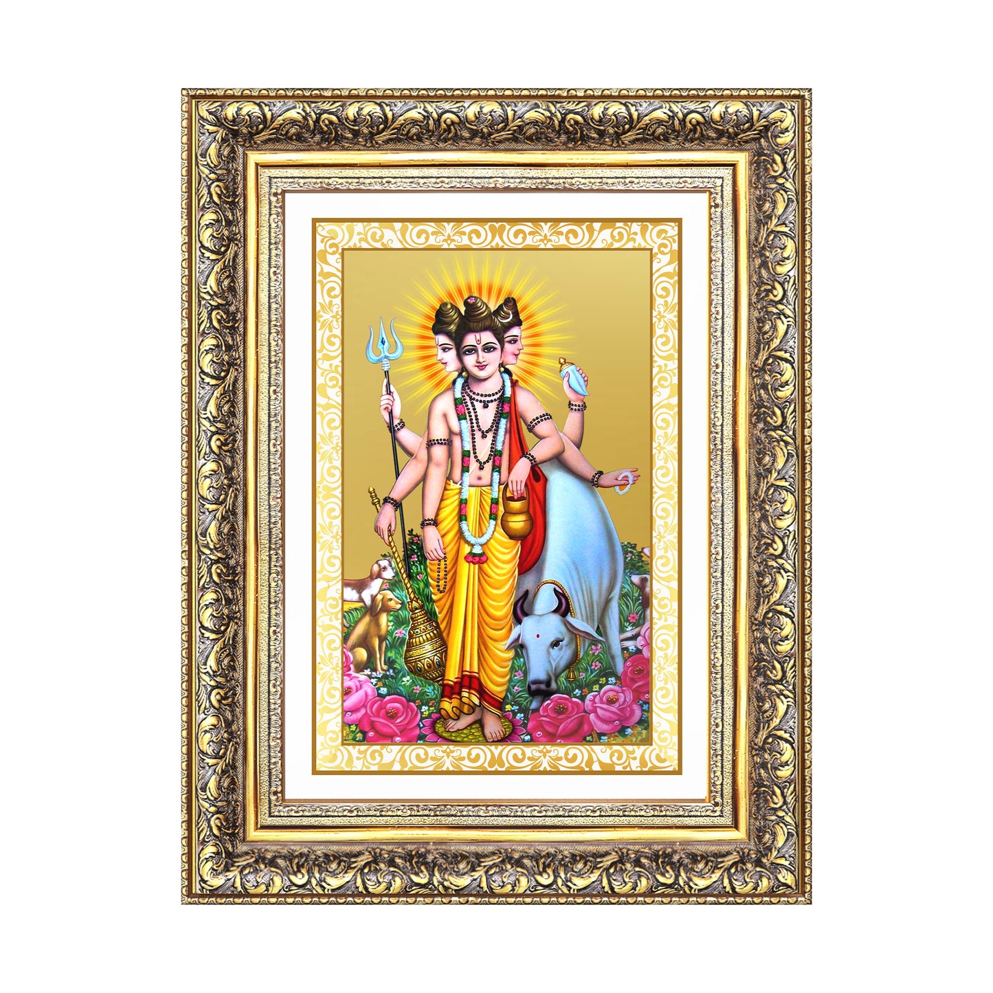 Dattatreya with Kamadhenu | Shri Dattatreya Wall Mount Photo Frame in 24K Gold Plated Foil