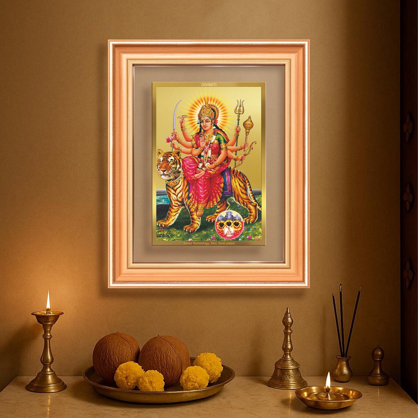 Durga Sherawali Mata with Pind | Divine Wall Mount Photo Frame in 24K Gold Plated Foil