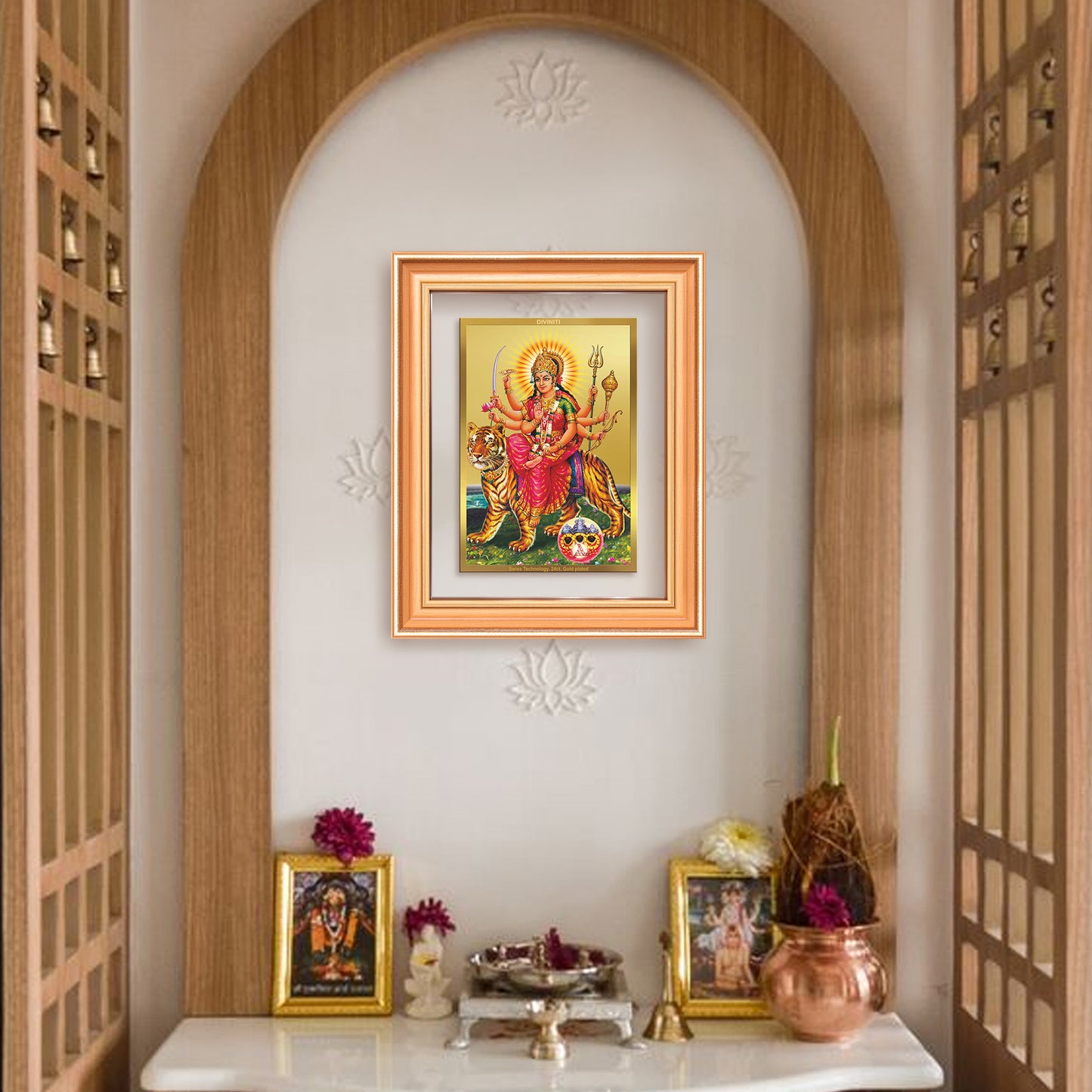 Durga Sherawali Mata with Pind | Divine Wall Mount Photo Frame in 24K Gold Plated Foil