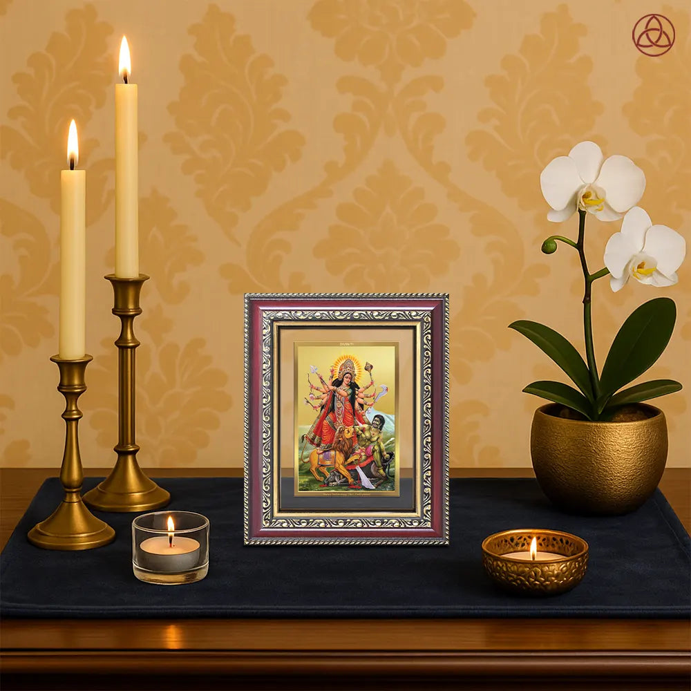 Durga-Mahishasura Mardini | Goddess Durga Slaying Mahishasura Wall & Tabletop Photo Frame in 24K Gold Plated Foil