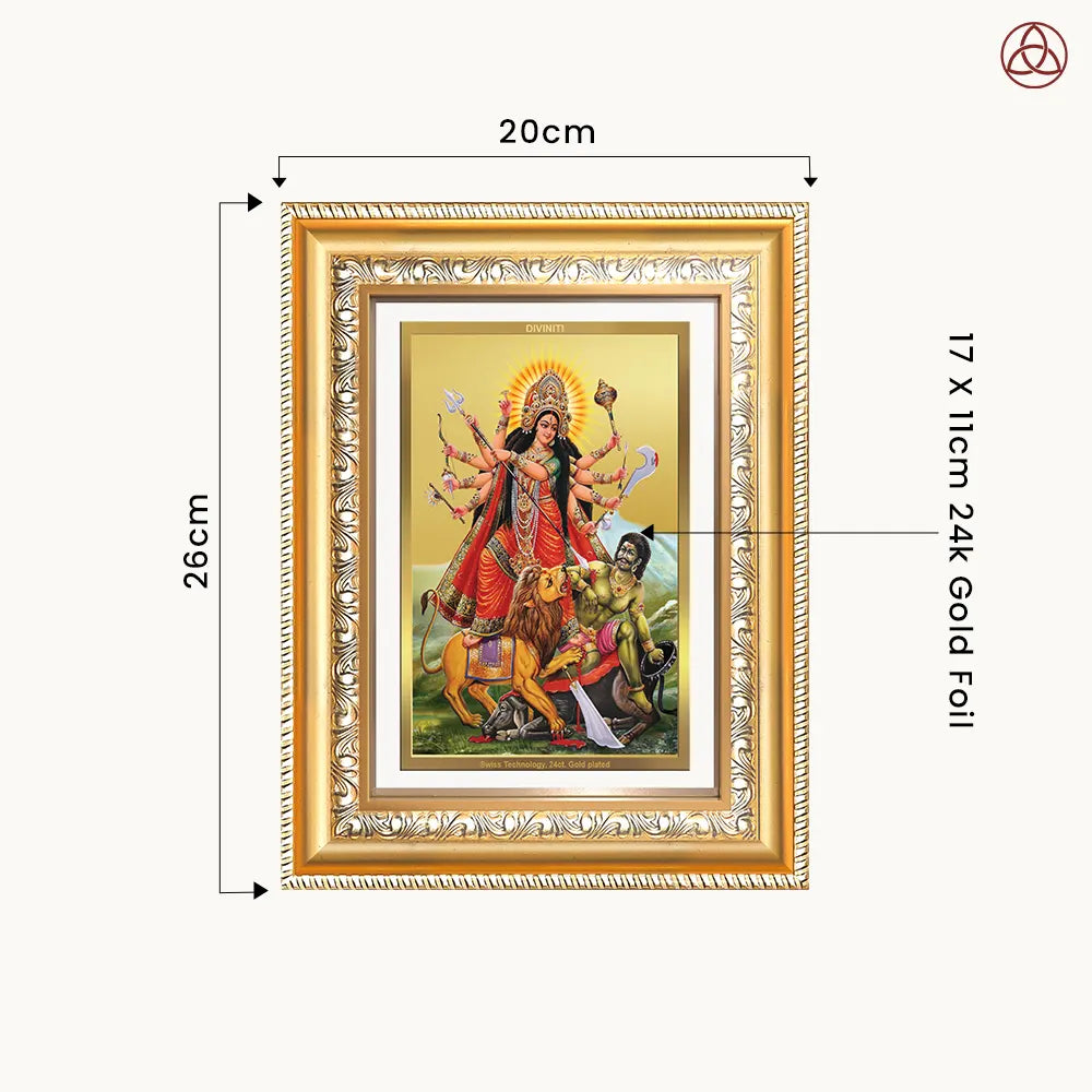 Durga-Mahishasura Mardini | Goddess Durga Slaying Mahishasura Wall & Tabletop Photo Frame in 24K Gold Plated Foil