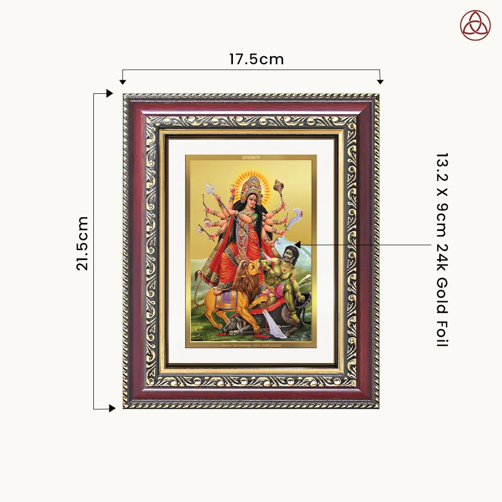 Durga-Mahishasura Mardini | Goddess Durga Slaying Mahishasura Wall & Tabletop Photo Frame in 24K Gold Plated Foil