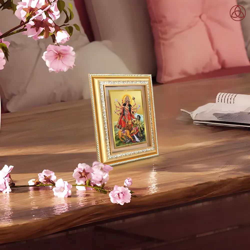 Durga-Mahishasura Mardini | Goddess Durga Slaying Mahishasura Wall & Tabletop Photo Frame in 24K Gold Plated Foil