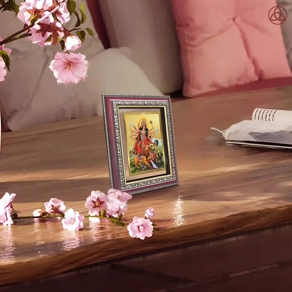 Durga-Mahishasura Mardini | Goddess Durga Slaying Mahishasura Wall & Tabletop Photo Frame in 24K Gold Plated Foil
