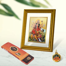 Load image into Gallery viewer, DIVINITI Durga DG 2.5 Gold Plated Photo Frame, 24K Double sided Gold Plated Pendant 18 MM and OMG Sandalwood Incense Sticks For Navratri Festival Prayer &amp; Auspicious Occasion (Combo Pack)
