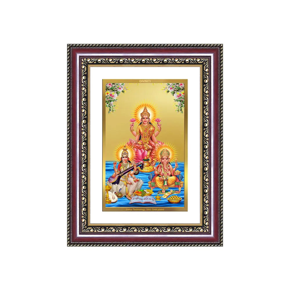 Goddess Lakshmi, Saraswati & Lord Ganesha | Divine Trio Wall & Tabletop Photo Frame in 24K Gold Plated Foil
