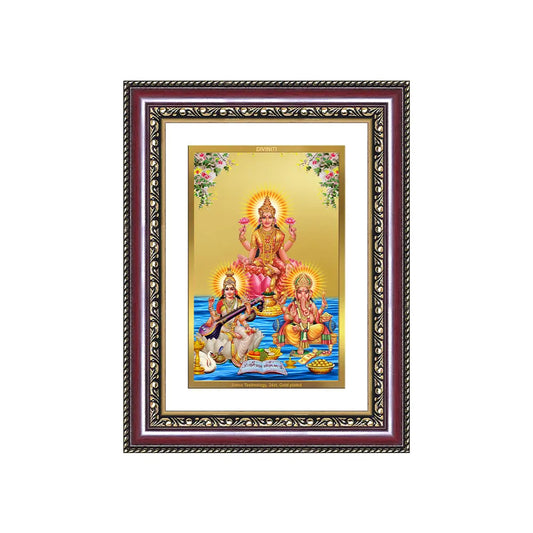 Goddess Lakshmi Saraswati and Lord Ganesha | Divine Trio Wall & Tabletop Photo Frame in 24K Gold Plated Foil