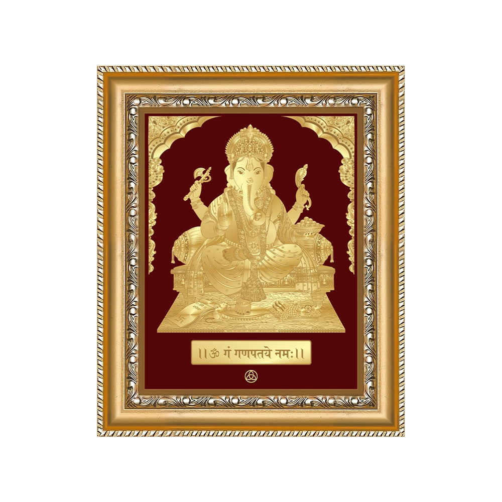 Lord Ganesha wall hanging with a sophisticated frame in 24K gold-plated foil, symbolizing divine love and devotion.