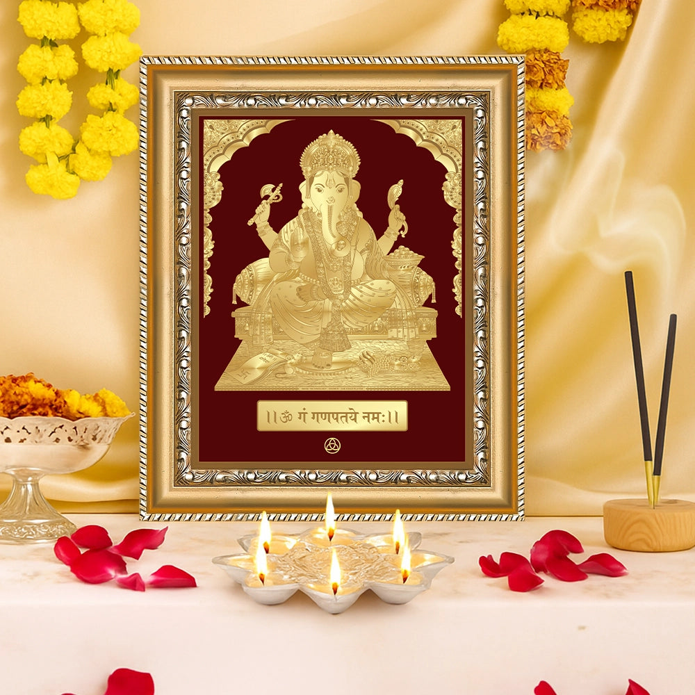 24K gold-plated Lord Ganesha wall frame representing spiritual unity, dedication, and divine grace.
