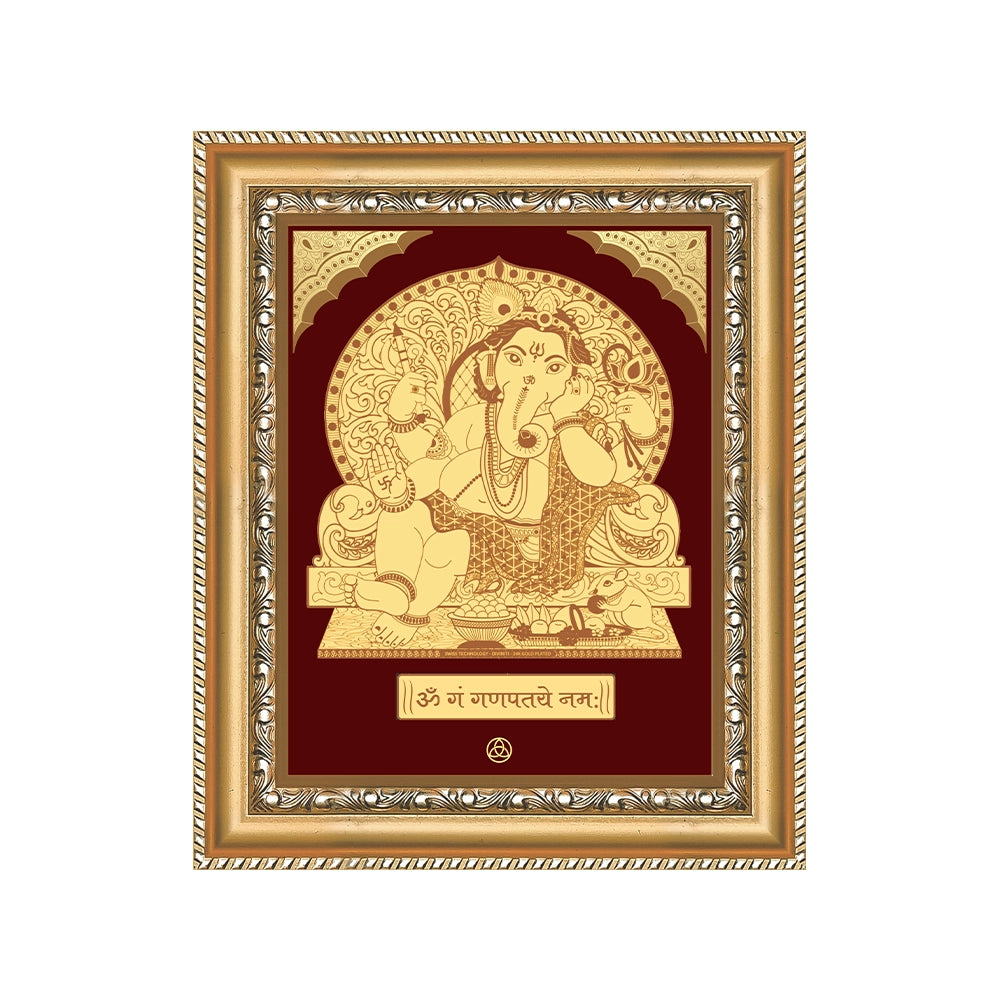 Ganesha with Throne wall hanging in 24K gold plated foil, depicting divine love and devotion in an elegant frame.