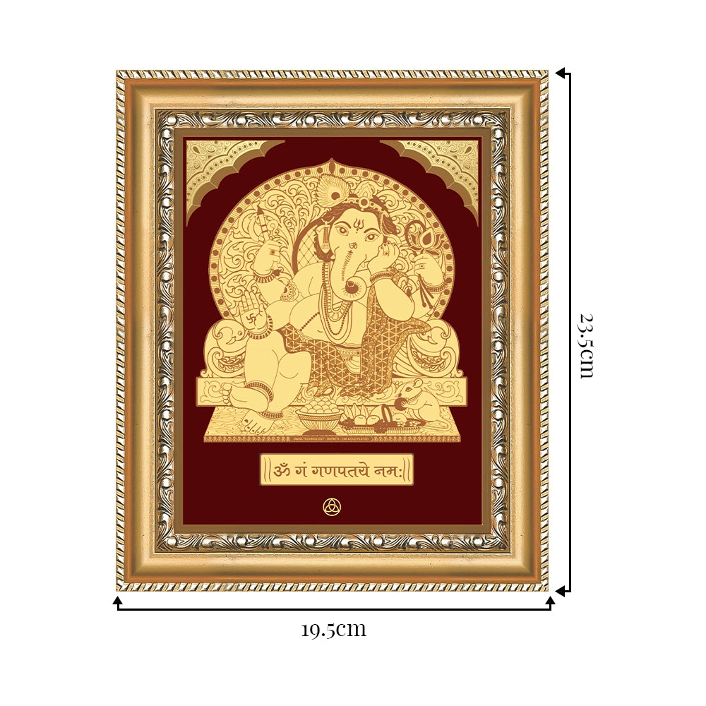 Ganesha with Throne wall hanging in 24K gold foil, framed elegantly, symbolizing divine love and devotion.