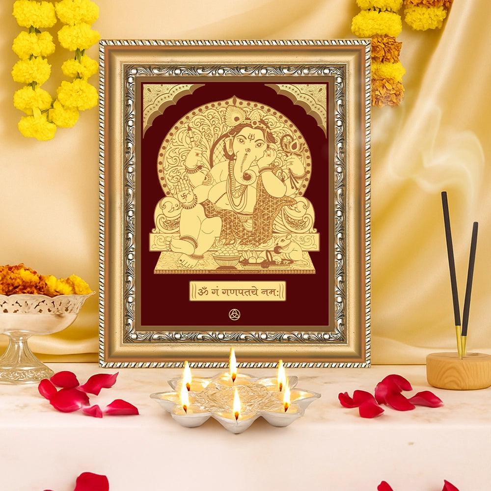 Ganesha with Throne gold wall hanging frame, 24K gold plated, symbolizing divine love, devotion, and spiritual union.